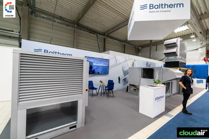 Baltherm stand with louvred unit and suspended logo cube at Warsaw HVAC Expo 2026