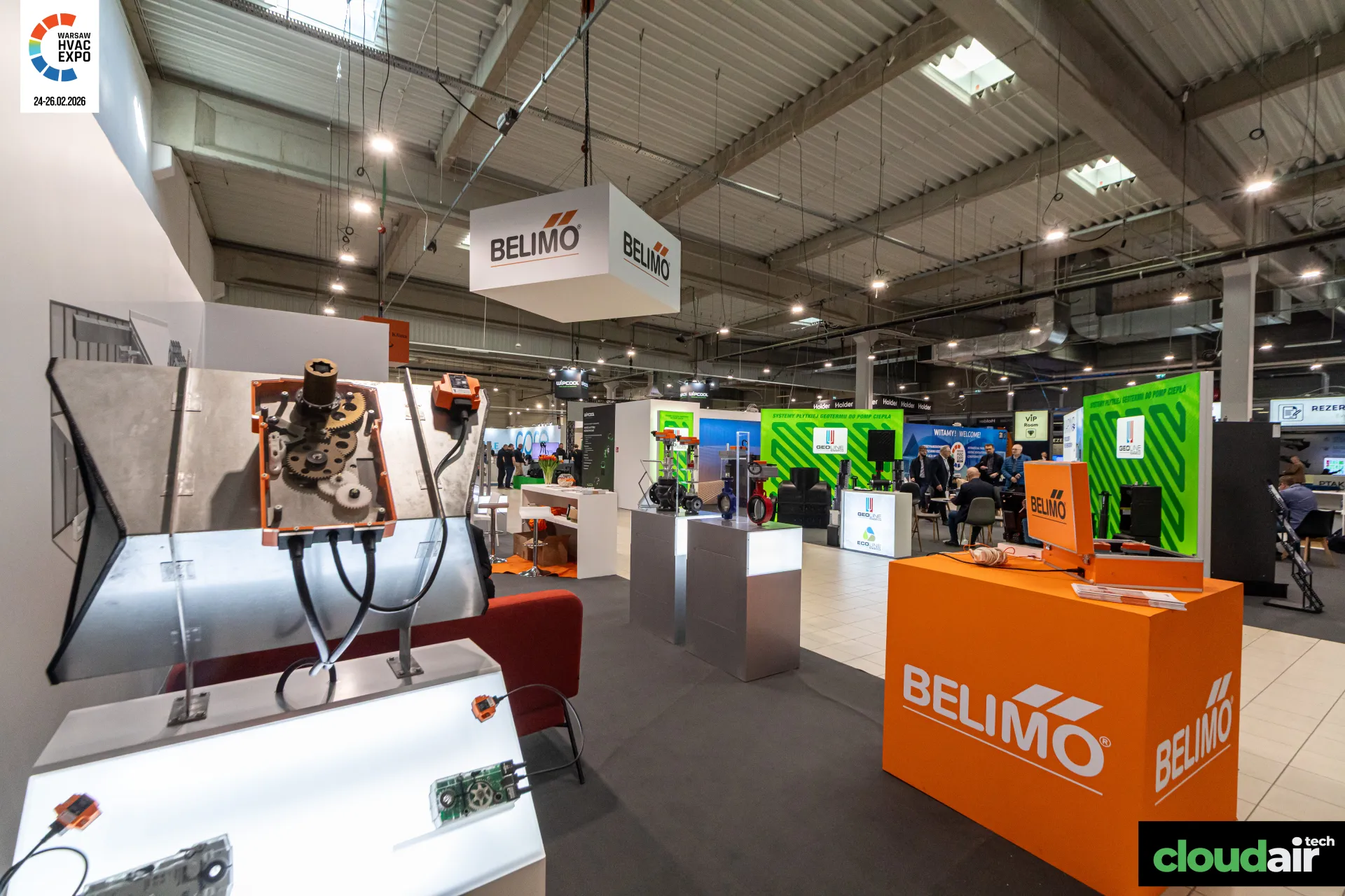 Belimo actuator with open housing showing its gear train at Warsaw HVAC Expo 2026