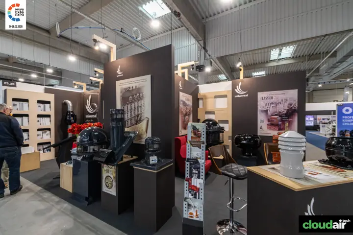 Black and white Uniwersal roof cowls with the Classico-250 poster behind at Warsaw HVAC Expo 2026