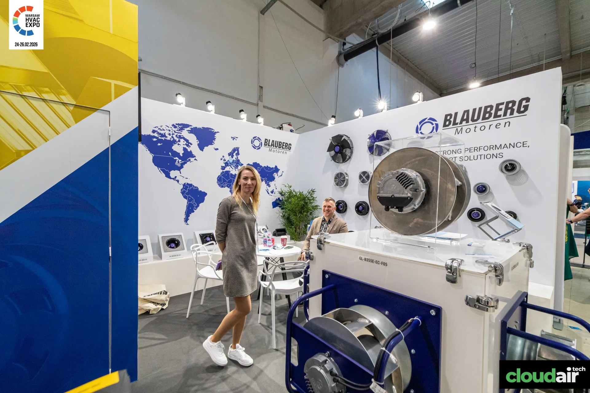 Blauberg Motoren stand with world map wall and EC fan display case at Warsaw HVAC Expo 2026