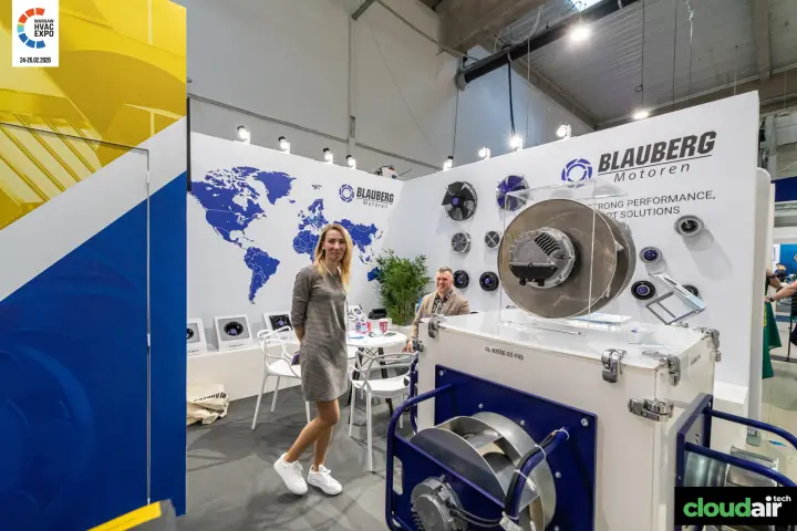 Blauberg Motoren stand with world map wall and EC fan display case at Warsaw HVAC Expo 2026