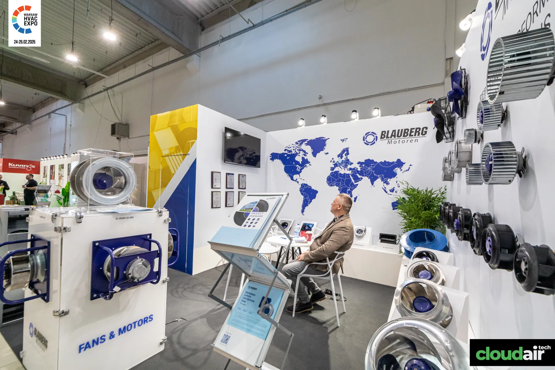 Blauberg Motoren wall of centrifugal fans and 'Fans & Motors' display case at Warsaw HVAC Expo 2026