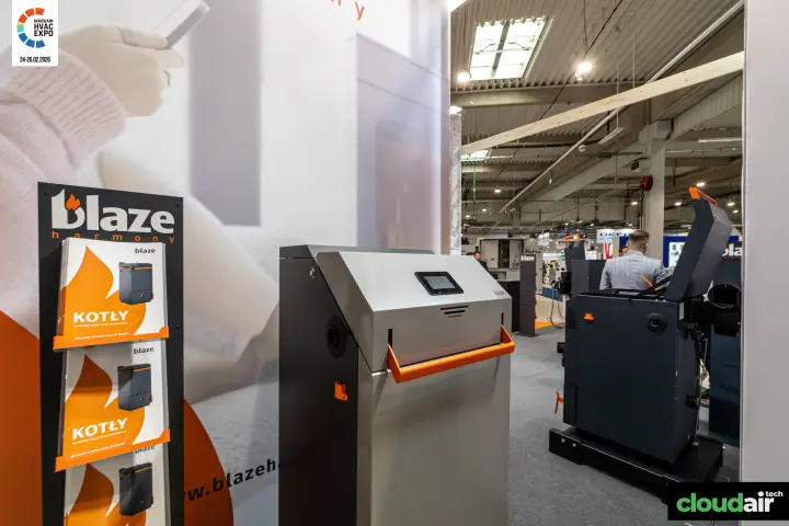 Blaze Harmony boiler with touchscreen controller and 'Kotły' brochures