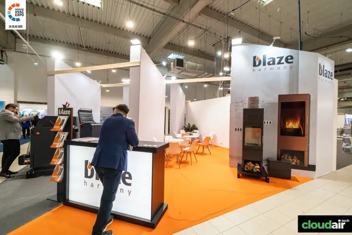 Blaze Harmony stand with wood-burning stoves and boiler brochures at Warsaw HVAC Expo 2026