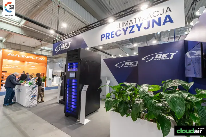 Blue-lit precision cooling cabinet under the BKT Elektronik truss sign