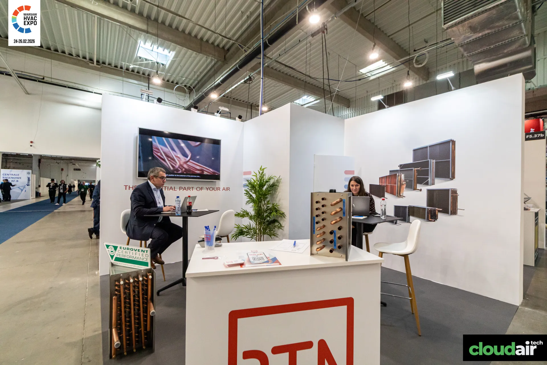 BTN heat exchanger stand with copper coil samples and Eurovent sign at Warsaw HVAC Expo 2026