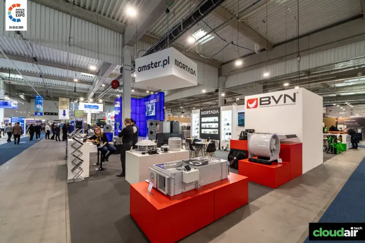 BVN fans and a compact ventilation unit on red plinths beside the Nortada area at Warsaw HVAC Expo 2026