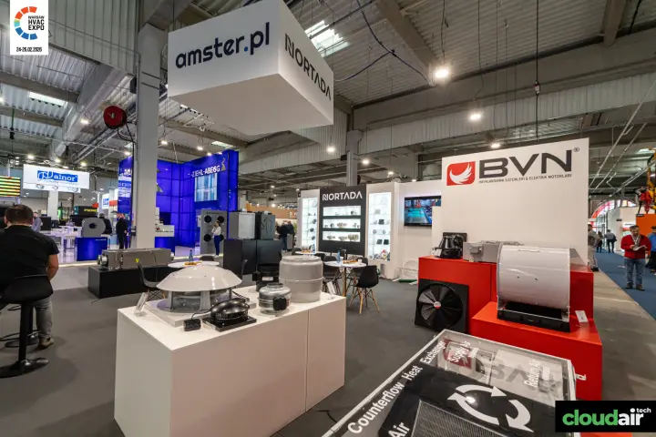 BVN fans on red plinths and an open counterflow heat exchanger unit at Warsaw HVAC Expo 2026