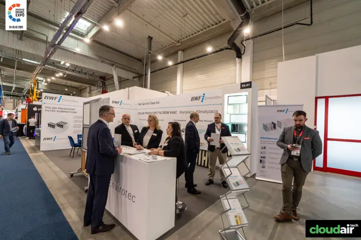 BWF Envirotec counter on the aisle corner with filter brochures and roll-up at Warsaw HVAC Expo 2026