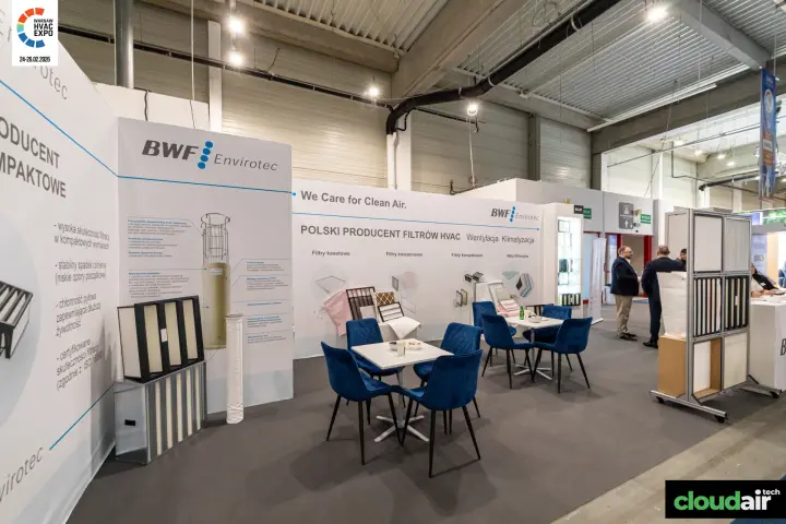 BWF Envirotec seating area with filter samples and 'We Care for Clean Air' wall at Warsaw HVAC Expo 2026