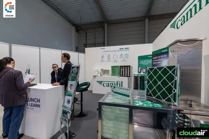 Camfil stand with air filters, Eurovent certification and filter cost graphic at Warsaw HVAC Expo 2026
