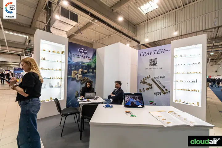Cavaletto stand with brass fittings in backlit showcases at Warsaw HVAC Expo 2026