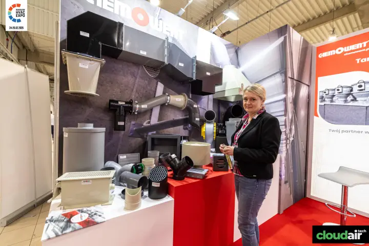 Chemowent display of plastic ducts, fittings, hoods and a centrifugal fan at Warsaw HVAC Expo 2026