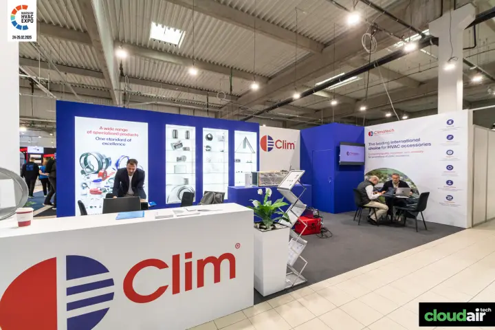Clim and Climatech stand with lit showcases of HVAC accessories