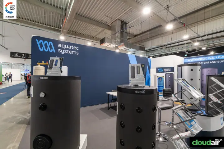 Close view of Aquatec Systems cylinders topped with product cards at Warsaw HVAC Expo 2026
