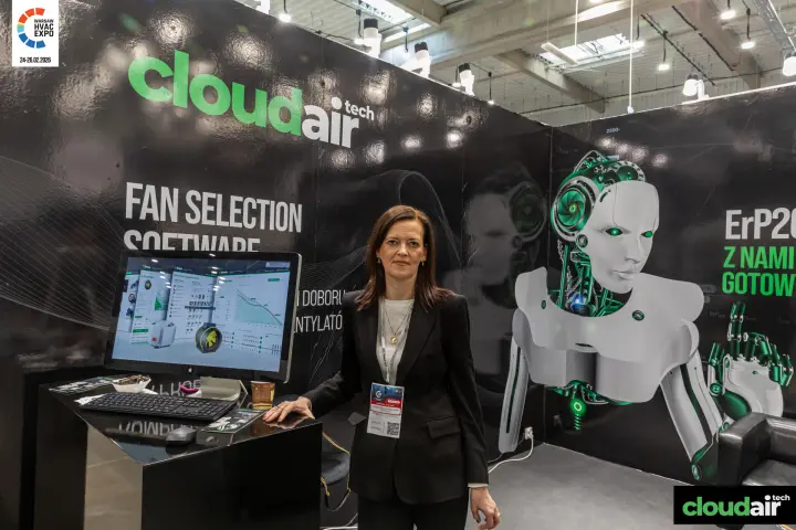 CloudAir counter with fan performance curves on screen and robot mural at Warsaw HVAC Expo 2026