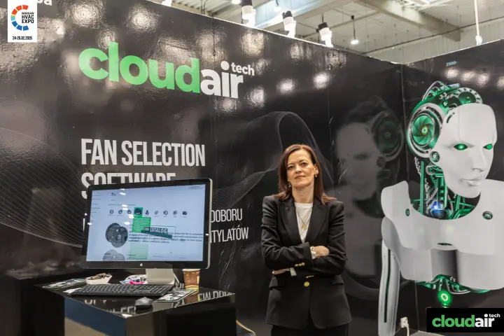 CloudAir fan catalogue page on screen beside the robot artwork at Warsaw HVAC Expo 2026