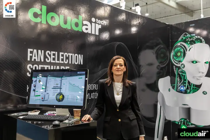 CloudAir stand with fan selection software demo and robot wall graphic at Warsaw HVAC Expo 2026