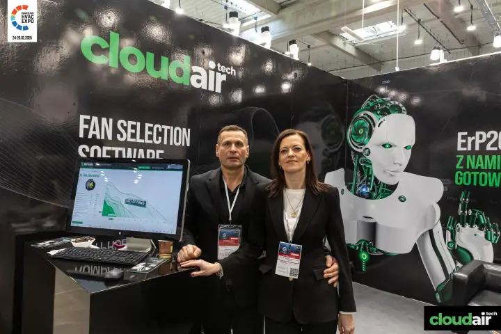 CloudAir team beside a fan datasheet with performance curves on screen at Warsaw HVAC Expo 2026