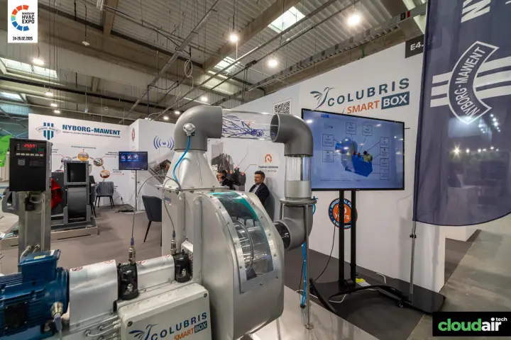 Colubris Smart Box demo rig on a Nyborg-Mawent centrifugal fan at Warsaw HVAC Expo 2026
