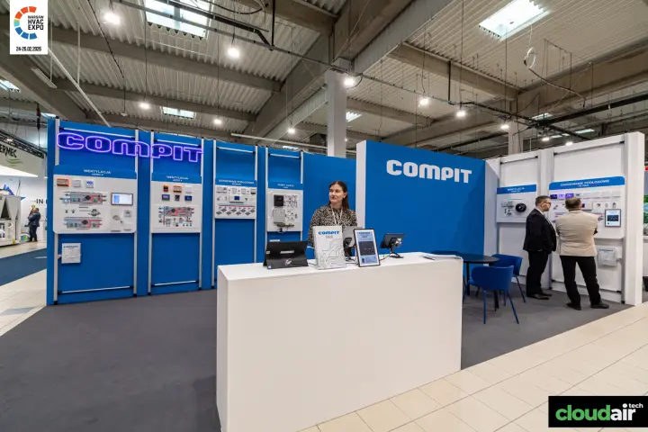 Compit stand with neon logo and controller demonstration panels at Warsaw HVAC Expo 2026