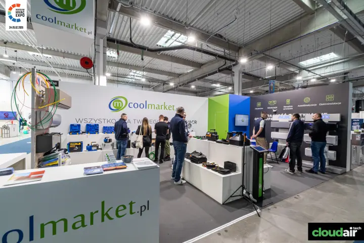 Coolmarket stand with HVACR service tools and an AUX air conditioner wall at Warsaw HVAC Expo 2026