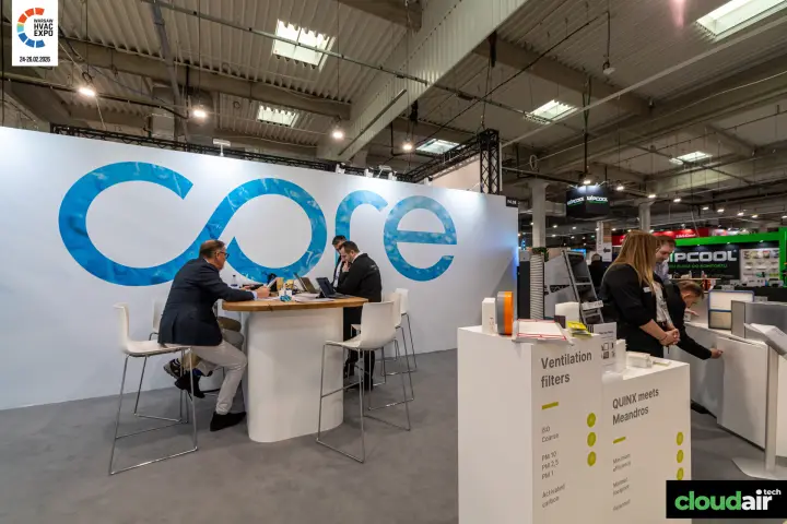 Core stand with ventilation filter displays and large blue logo wall at Warsaw HVAC Expo 2026