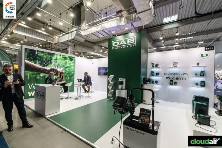 DAB stand with Evoplus and Evosta circulator pumps on lit shelves at Warsaw HVAC Expo 2026