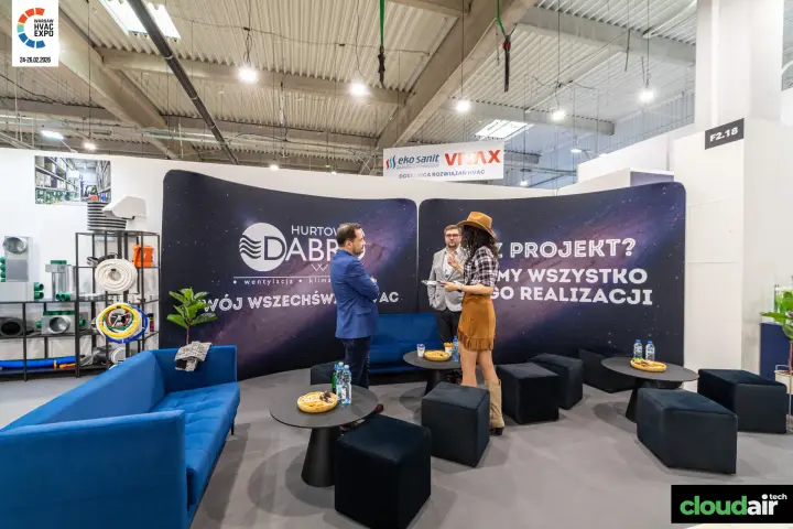 Dabro Went lounge with galaxy-print backdrop and blue sofas at Warsaw HVAC Expo 2026