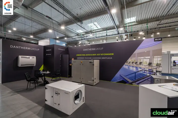 Dantherm Group stand E5.39 with dehumidifiers and a pool hall graphic at Warsaw HVAC Expo 2026