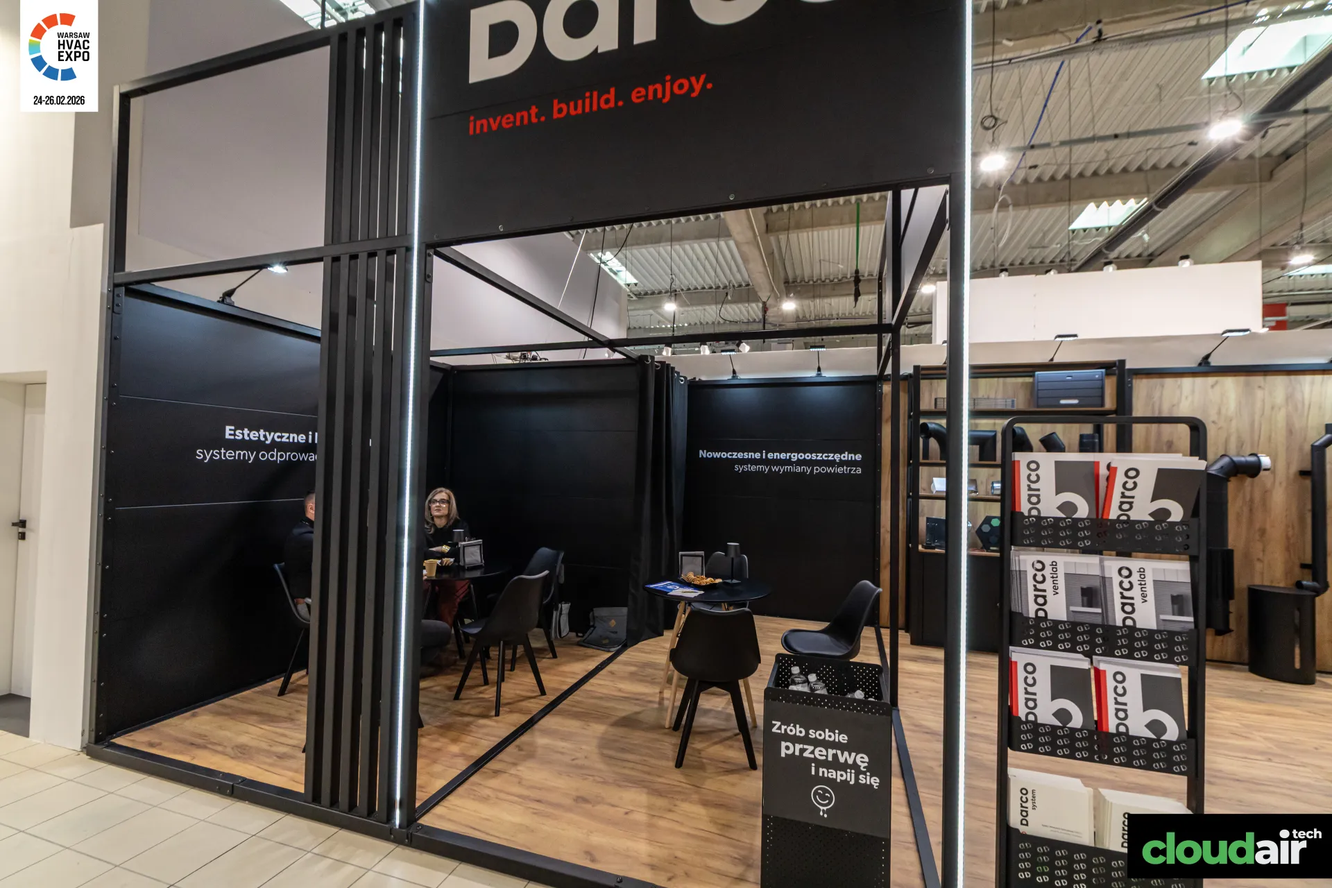 Darco meeting cabin with drinks station and ventilab brochure rack at Warsaw HVAC Expo 2026