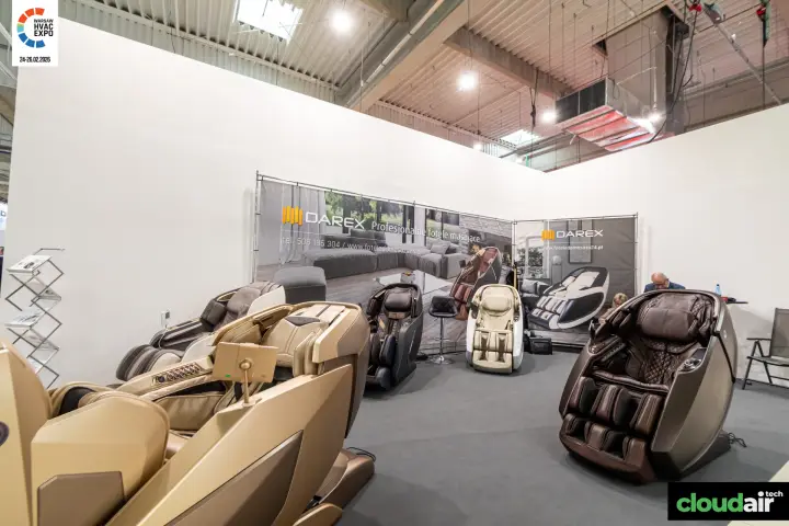 Darex stand displaying a range of massage chairs at Warsaw HVAC Expo 2026