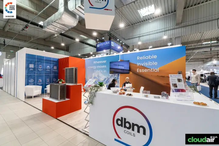 DBM Coils stand with finned heat exchanger coils and desert graphic at Warsaw HVAC Expo 2026