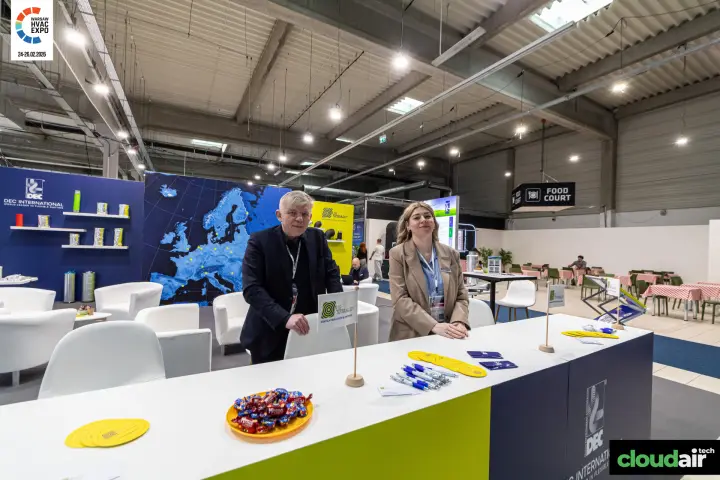 DEC International and Air Spiralo counter with flexible duct samples at Warsaw HVAC Expo 2026