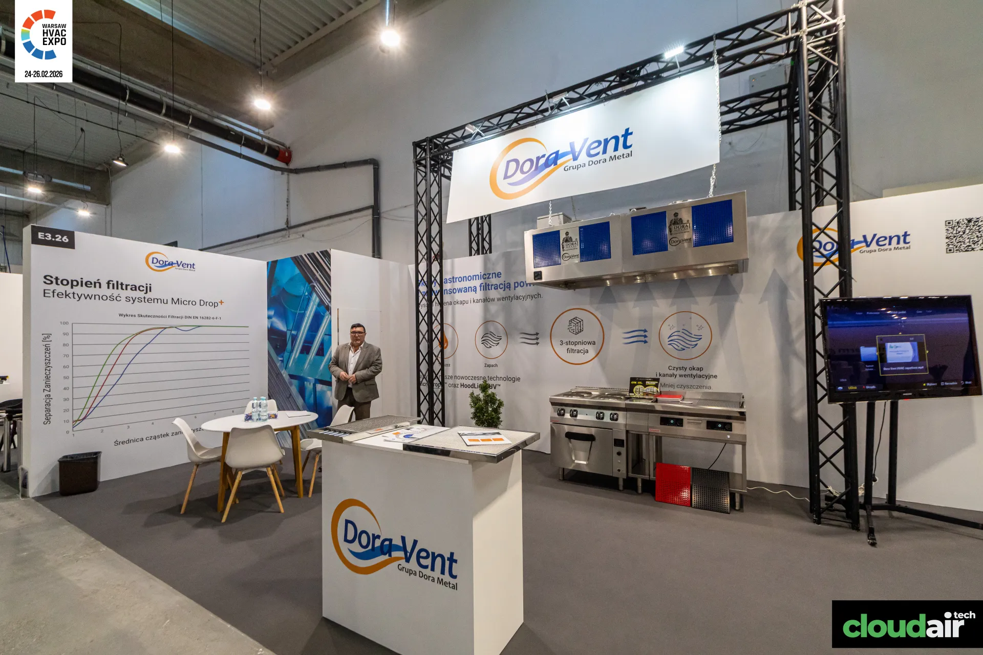 Dora-Vent stand with kitchen extract hoods and filtration charts at Warsaw HVAC Expo 2026