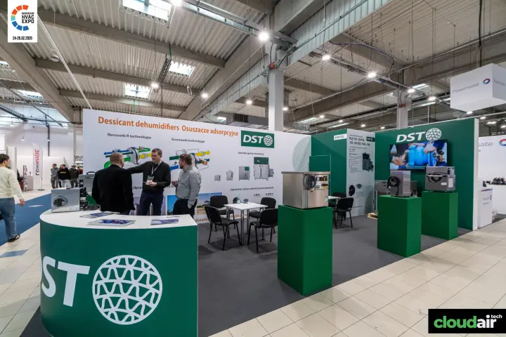 DST corner stand with green counter and desiccant dehumidifier graphics at Warsaw HVAC Expo 2026