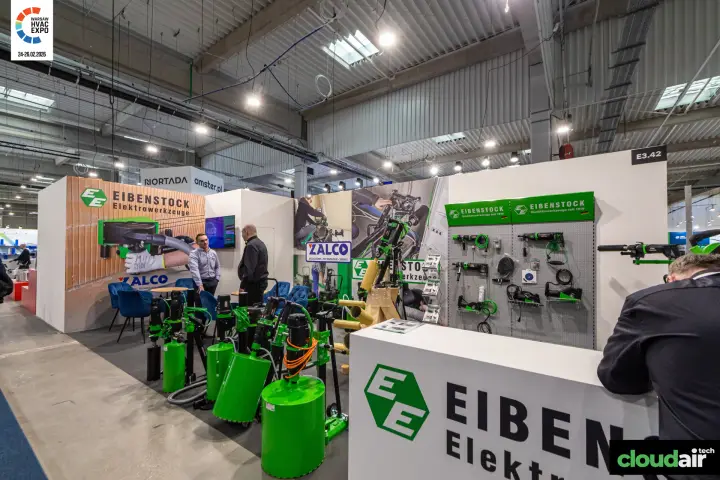 Eibenstock stand with green core drilling rigs and a power tool pegboard