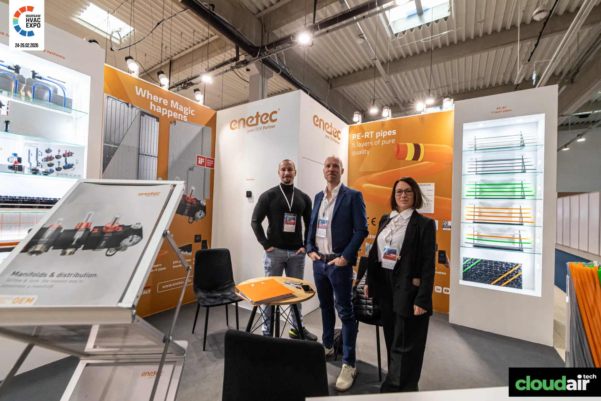 Enetec stand with manifold brochure stand and PE-RT pipe showcase at Warsaw HVAC Expo 2026