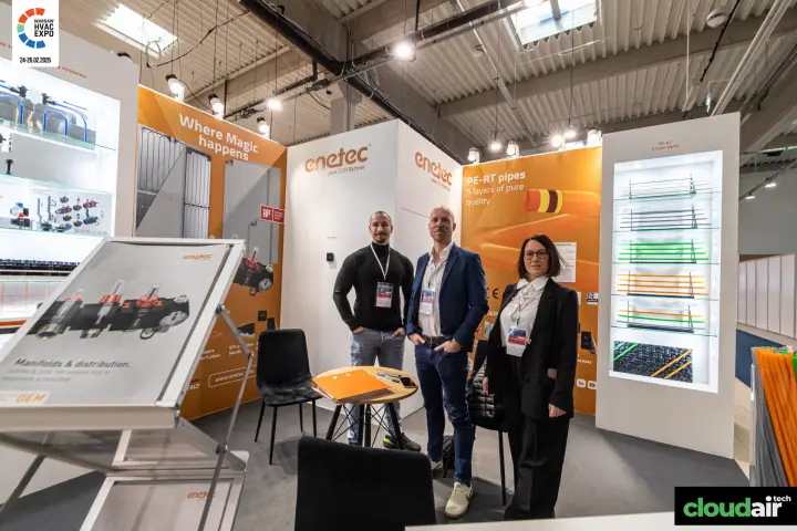 Enetec stand with manifold brochure stand and PE-RT pipe showcase at Warsaw HVAC Expo 2026