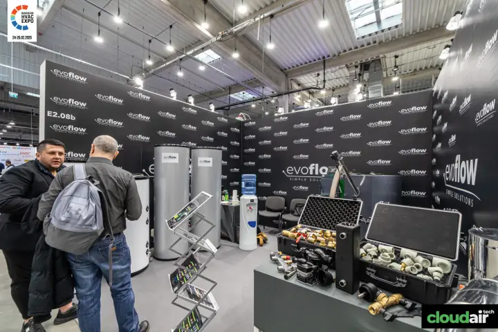 Evoflow stand with storage cylinders and brass fittings in cases at Warsaw HVAC Expo 2026