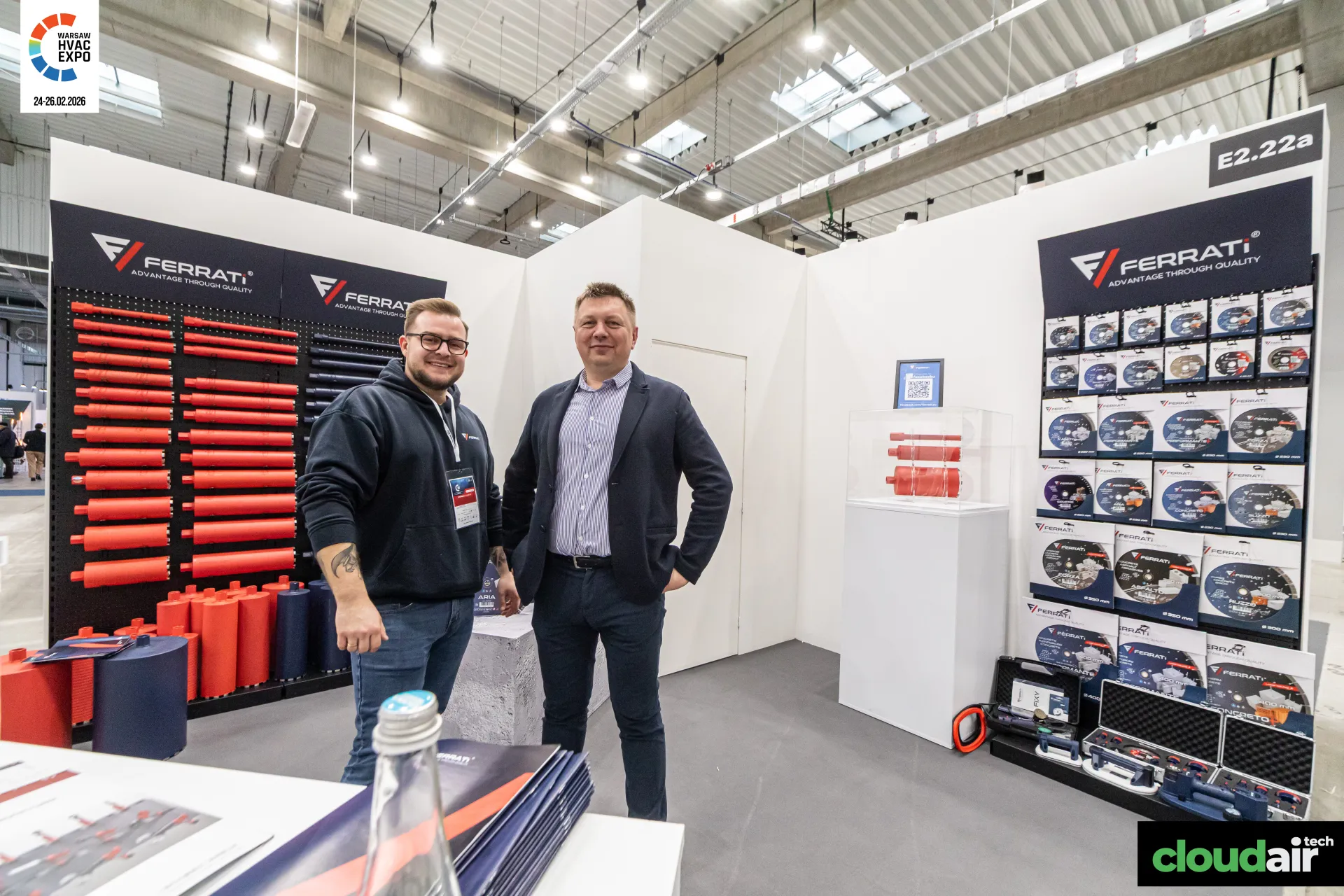Ferrati stand with core drill bits and cutting discs on a pegboard wall at Warsaw HVAC Expo 2026