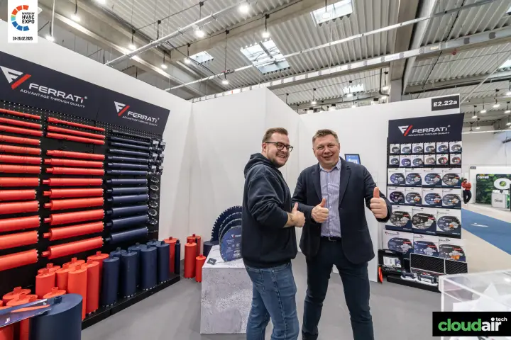 Ferrati wall of red and navy core drill bits at Warsaw HVAC Expo 2026