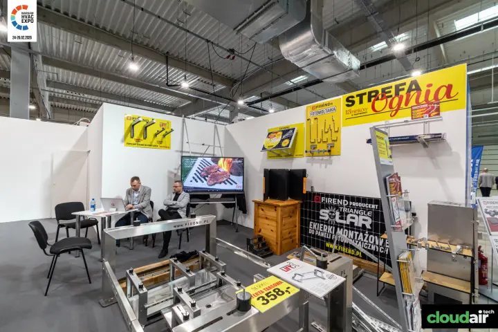 Firend stand with heat pump wall brackets and PV mounting hardware at Warsaw HVAC Expo 2026