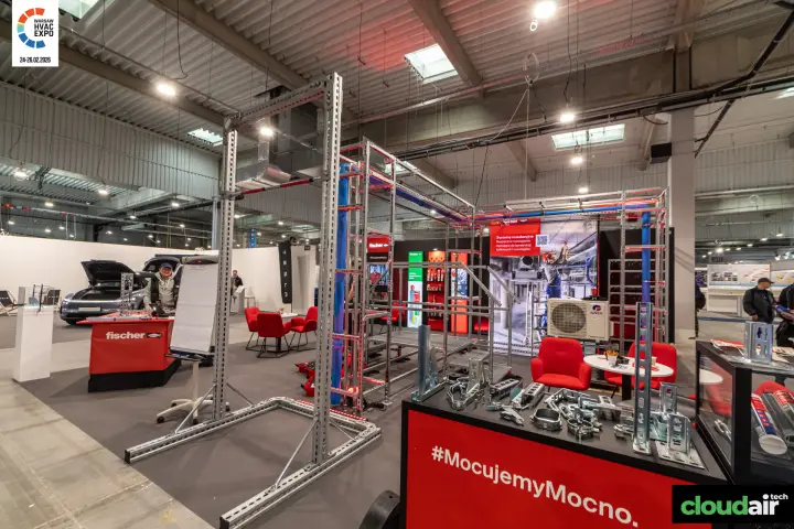 Fischer counter with channel brackets and pipe clamps under #MocujemyMocno. at Warsaw HVAC Expo 2026