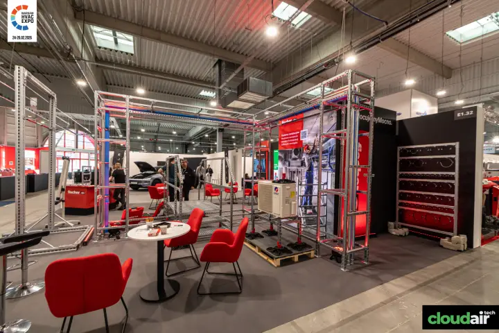 Fischer strut-channel frames holding pipes and an outdoor AC unit at Warsaw HVAC Expo 2026