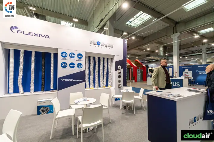 Flexiva duct samples and Prowent company figures panel at Warsaw HVAC Expo 2026