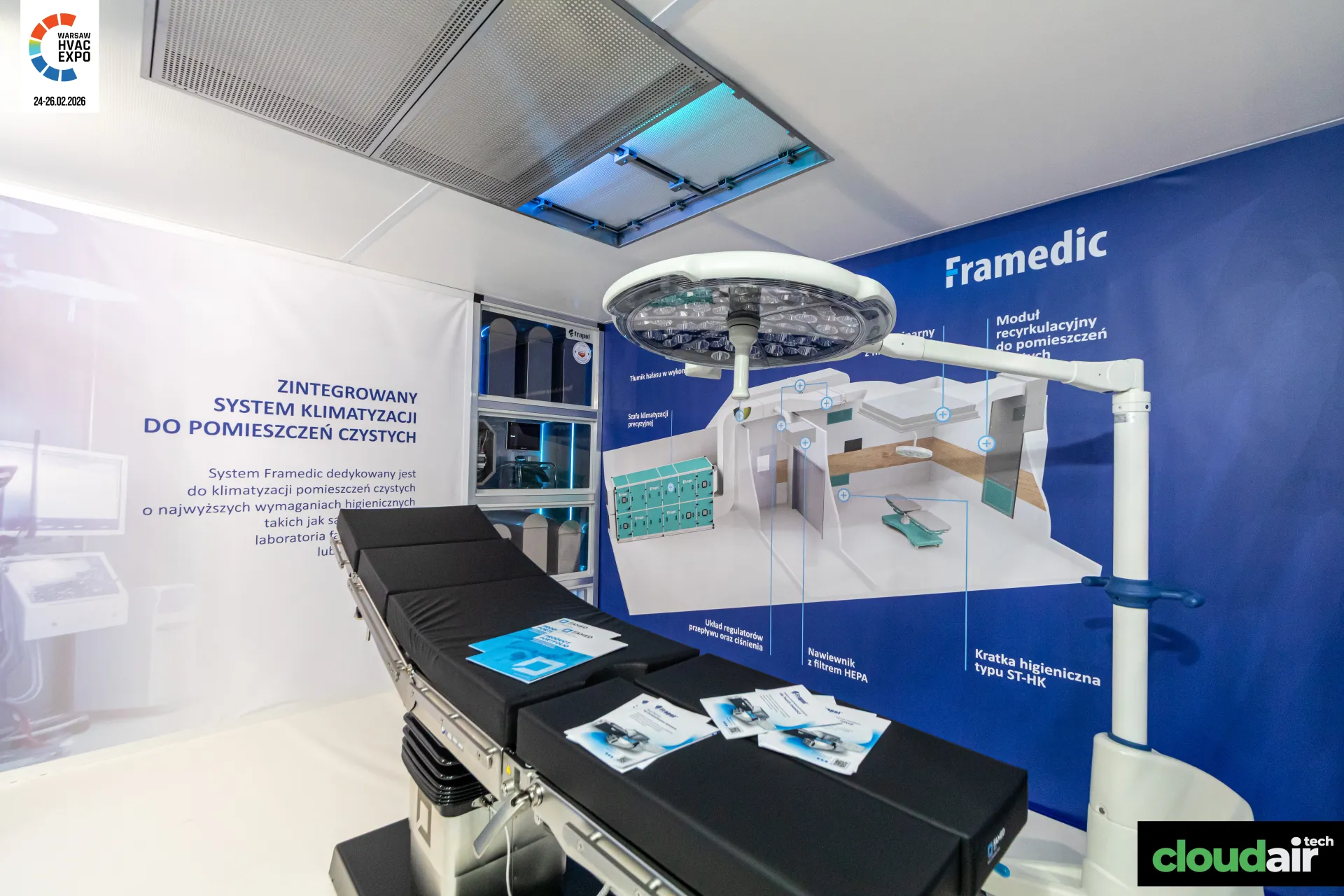 Framedic clean-room demo with operating table and HEPA ceiling diffuser at Warsaw HVAC Expo 2026