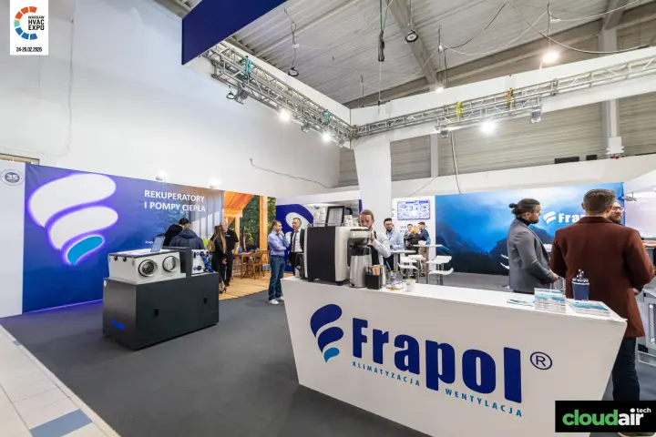Frapol coffee counter and recuperator under the 'Rekuperatory i pompy ciepła' wall at Warsaw HVAC Expo 2026
