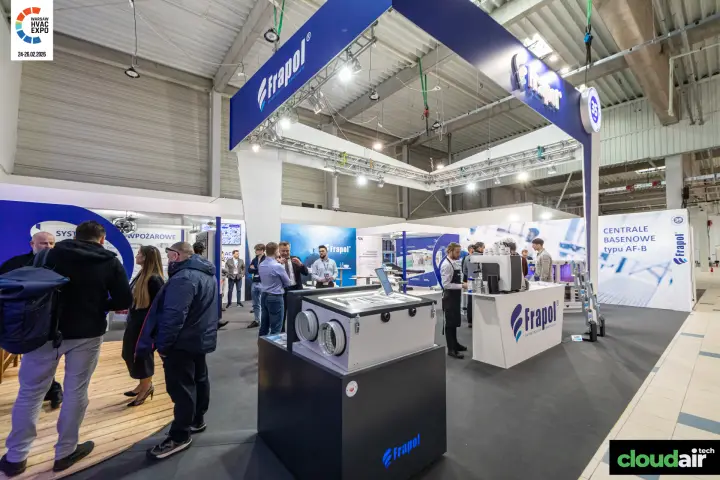 Frapol stand overview with blue overhead frame and pool AHU wall at Warsaw HVAC Expo 2026