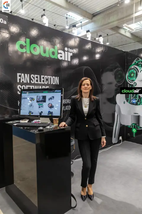 Full-height view of the CloudAir stand with the fan category screen at Warsaw HVAC Expo 2026